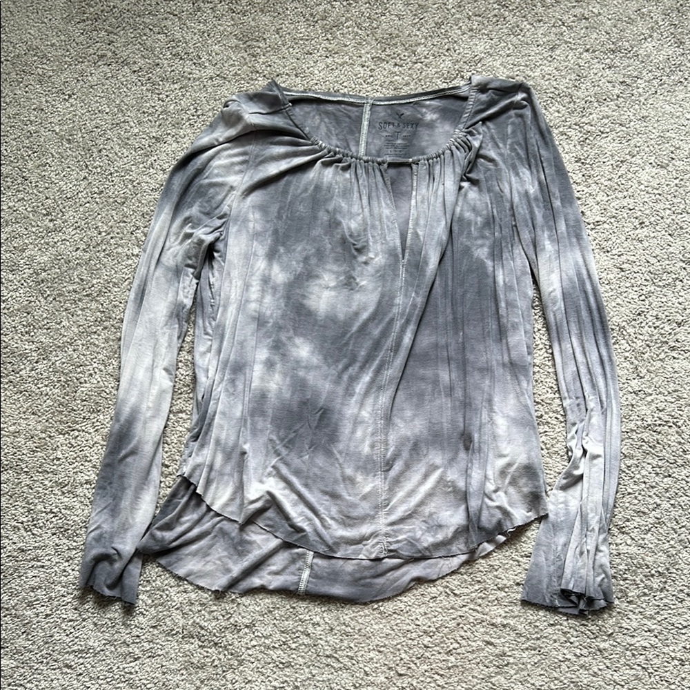 American Eagle Outfitters Gray Asymmetrical Long Sleeve Blouse